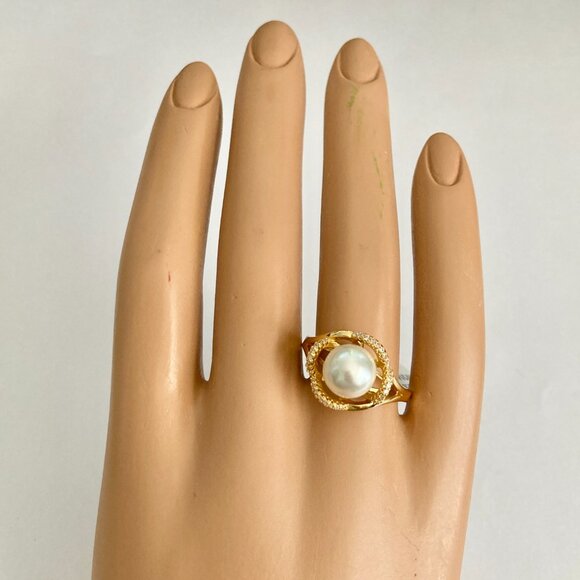 Art Deco Cubic Zirconia White Pearl Cocktail Ring Yellow Gold Plated Size 7 8 9 - Picture 7 of 16